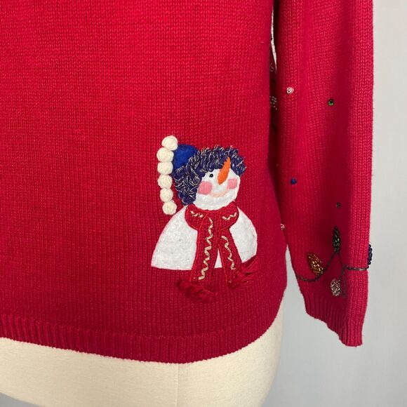 Ugly Christmas Sweater Size Large Red Zip Up Snowmen Winter Beaded Vintage Y2K - Picture 9 of 15